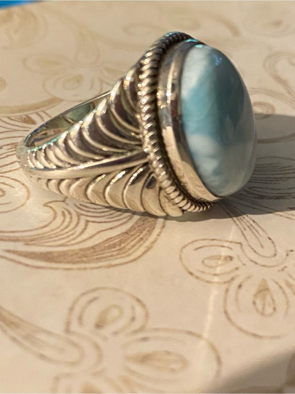 Handcrafted Larimar Oval Ring with Sterling Silver Detail. Size 8